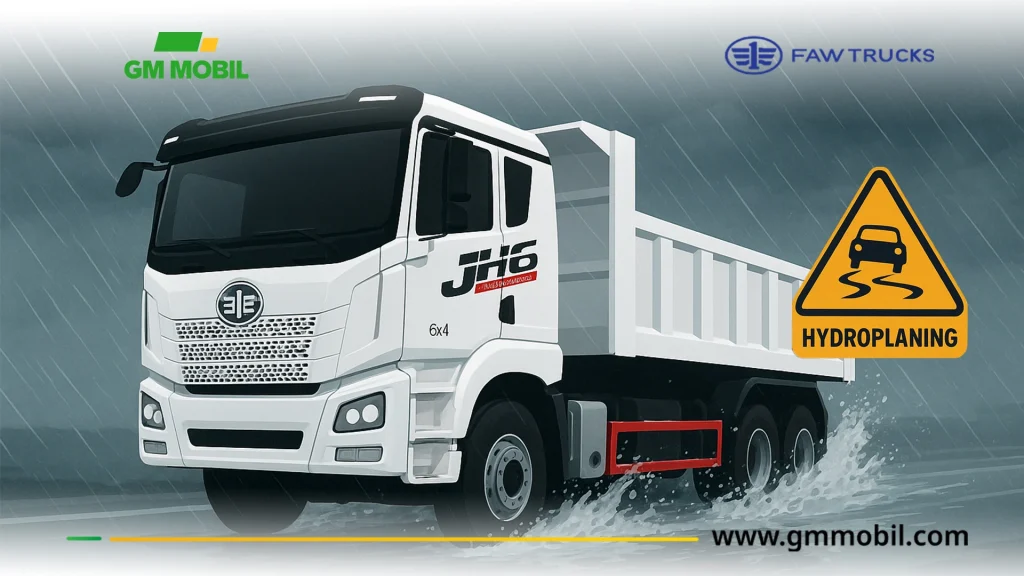 Hydroplanning pada truk besar, mobil truk, tractor head, cargo truck, dump truck, truk molen